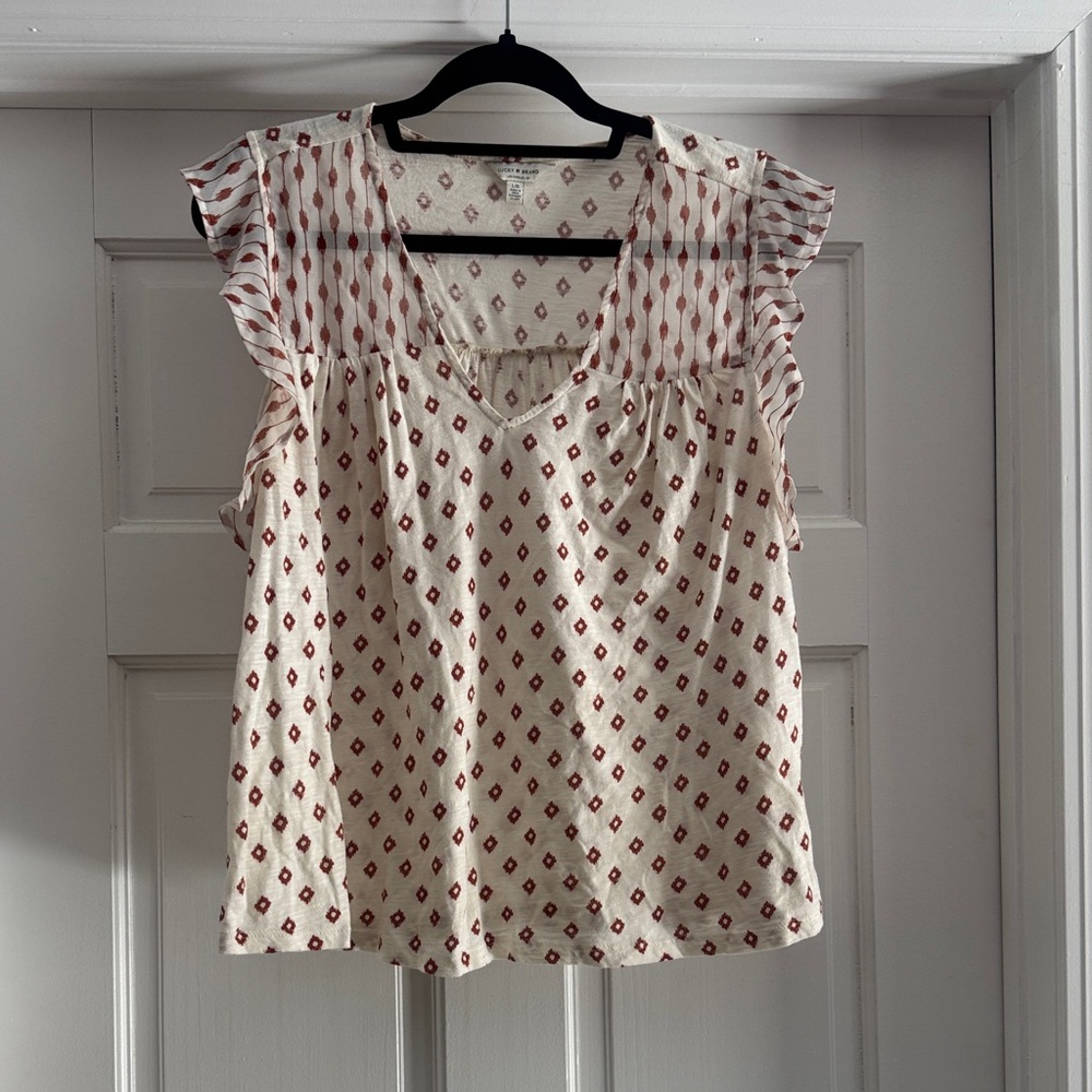 Lucky Brand Women's Cream and Red Patterned Blouse